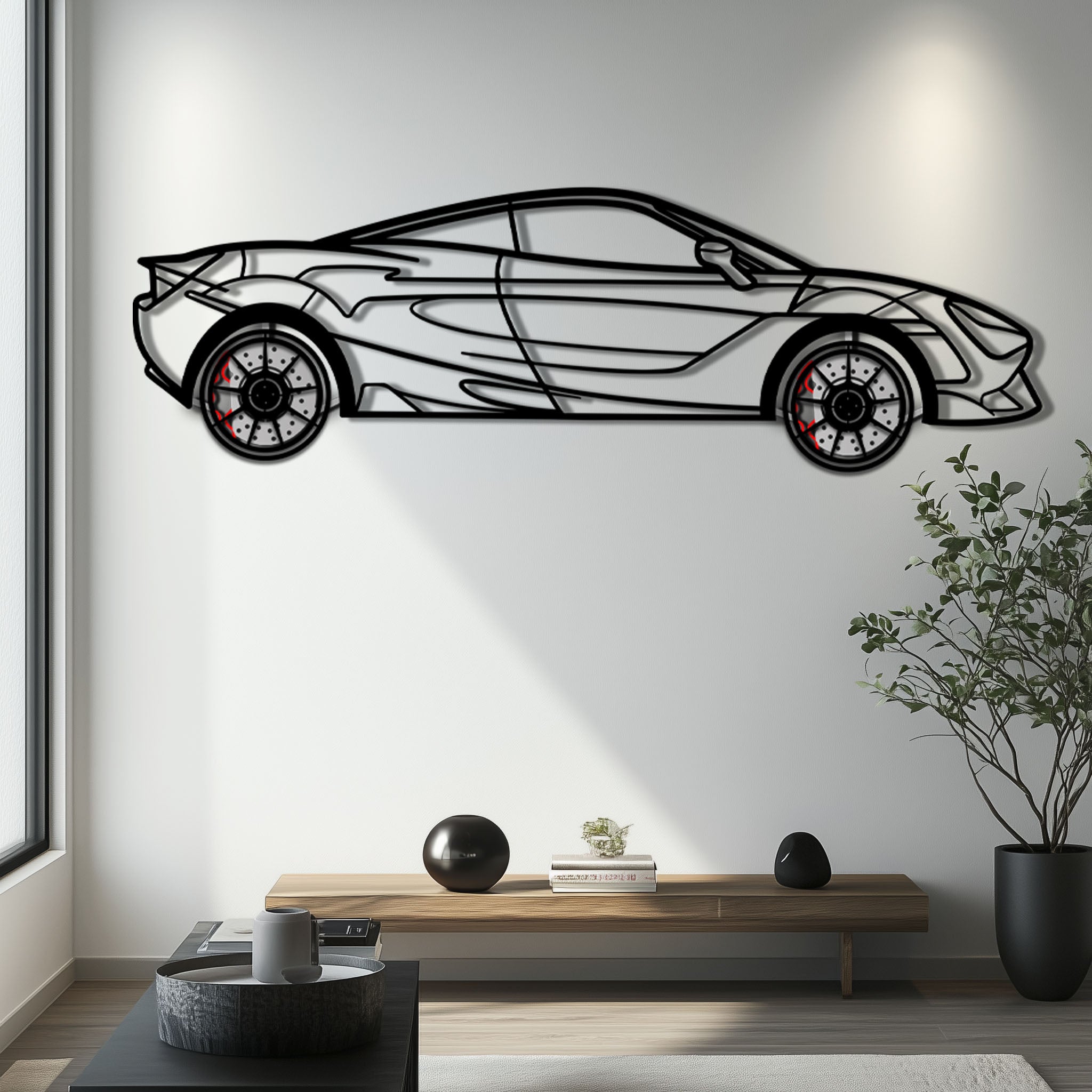McLaren 720S Metal Car Wall Art with Rotating Wheels - British Supercar Silhouette - Interactive Automotive Wall Decor - KAFMEKA149 by Enova Art