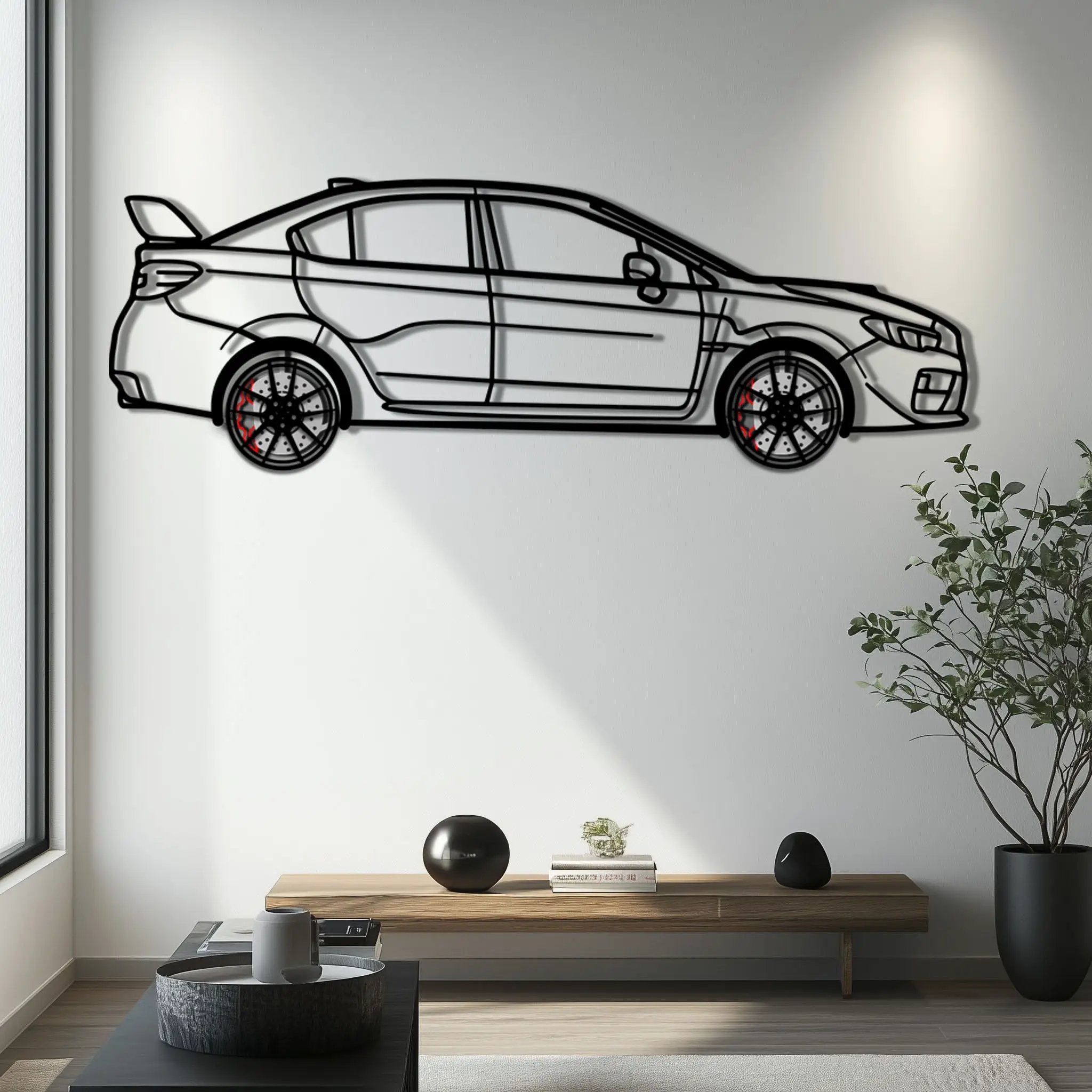 Subaru WRX Metal Car Wall Art with Rotating Wheels - Rally Legend Silhouette - Interactive Automotive Wall Decor - KAFMEKA155 by Enova Art