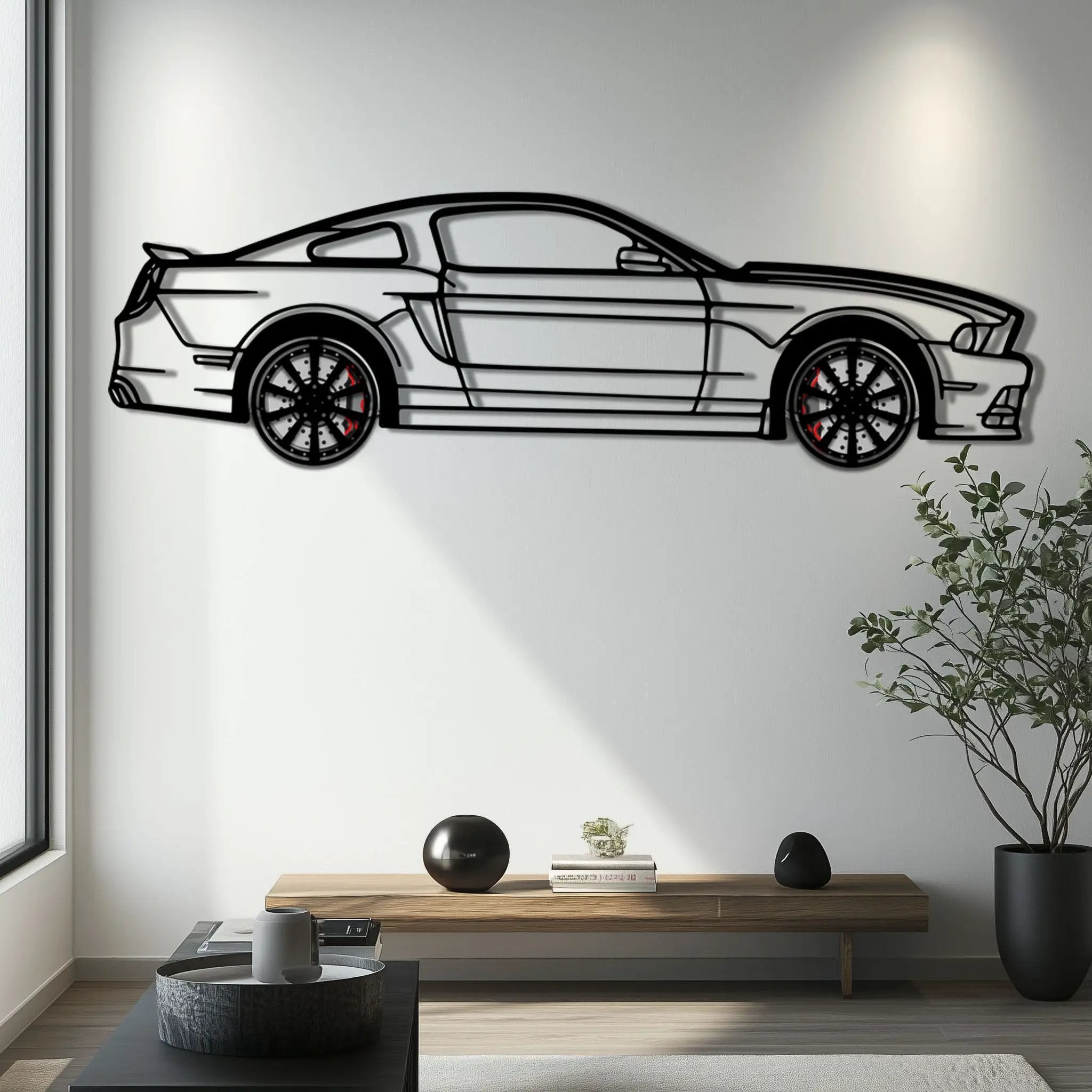 2013 Ford Mustang GT Metal Car Wall Art with Rotating Wheels - S197 Modern Muscle Silhouette - Interactive Automotive Wall Decor- KAFMEKA141 by Enova Art