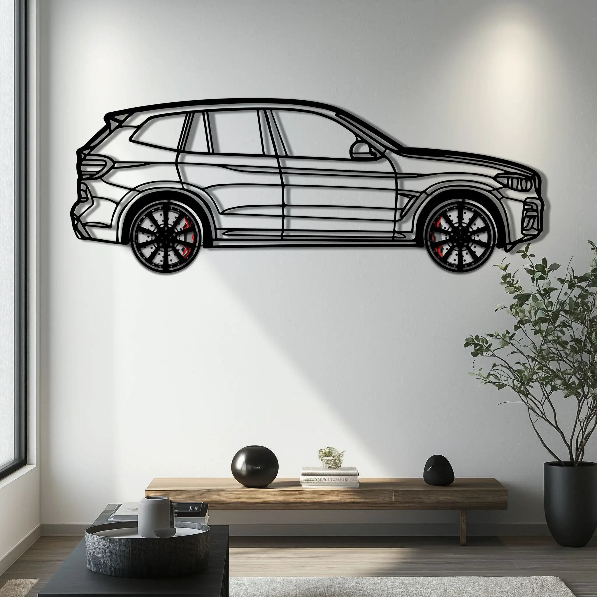 BMW X3 Metal Car Wall Art with Rotating Wheels - Modern SAV Silhouette Decor - Interactive Automotive Wall Art - KAFMEKA110 by Enova Art
