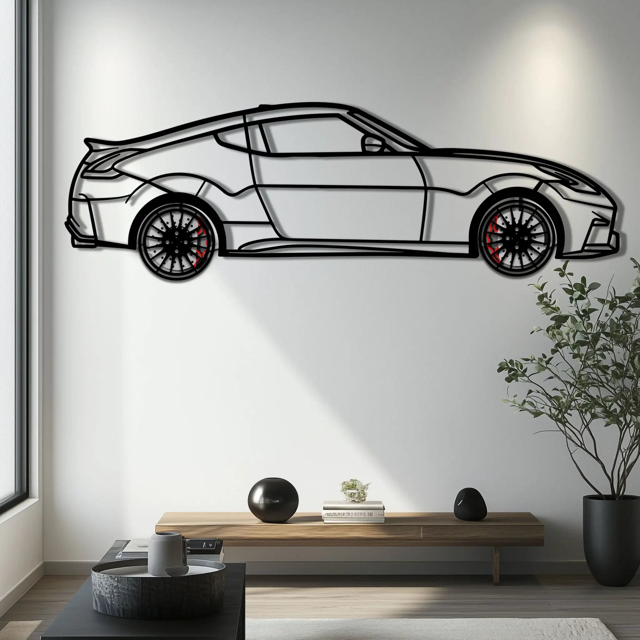 Nissan 350Z Metal Car Wall Art with Rotating Wheels - JDM Fairlady Z33 Silhouette - Interactive Automotive Wall Decor - KAFMEKA153 by Enova Art