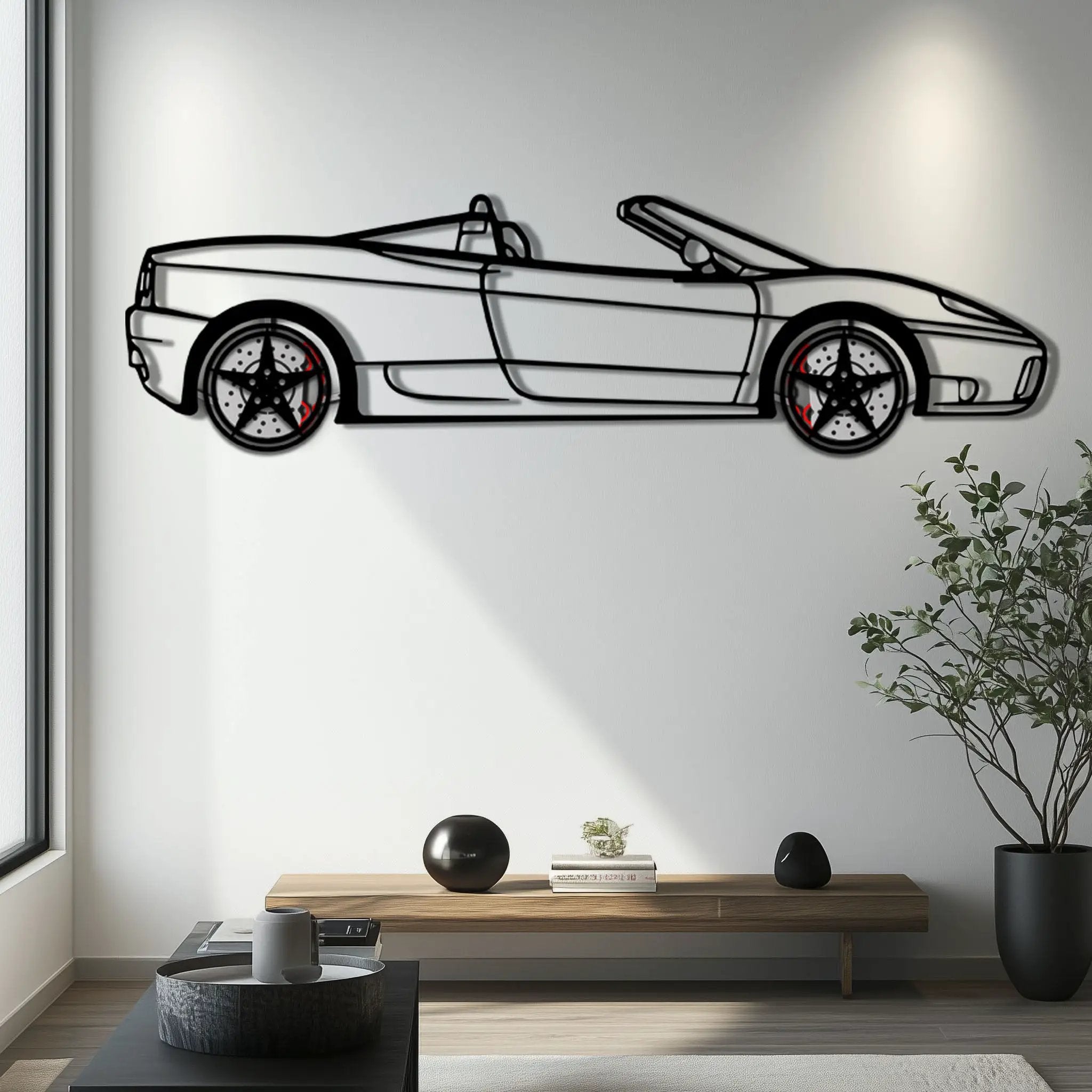 Ferrari 360 Spider Metal Car Wall Art with Rotating Wheels - Italian Convertible Supercar Silhouette - Interactive Automotive Wall Decor - KAFMEKA123 by Enova Art