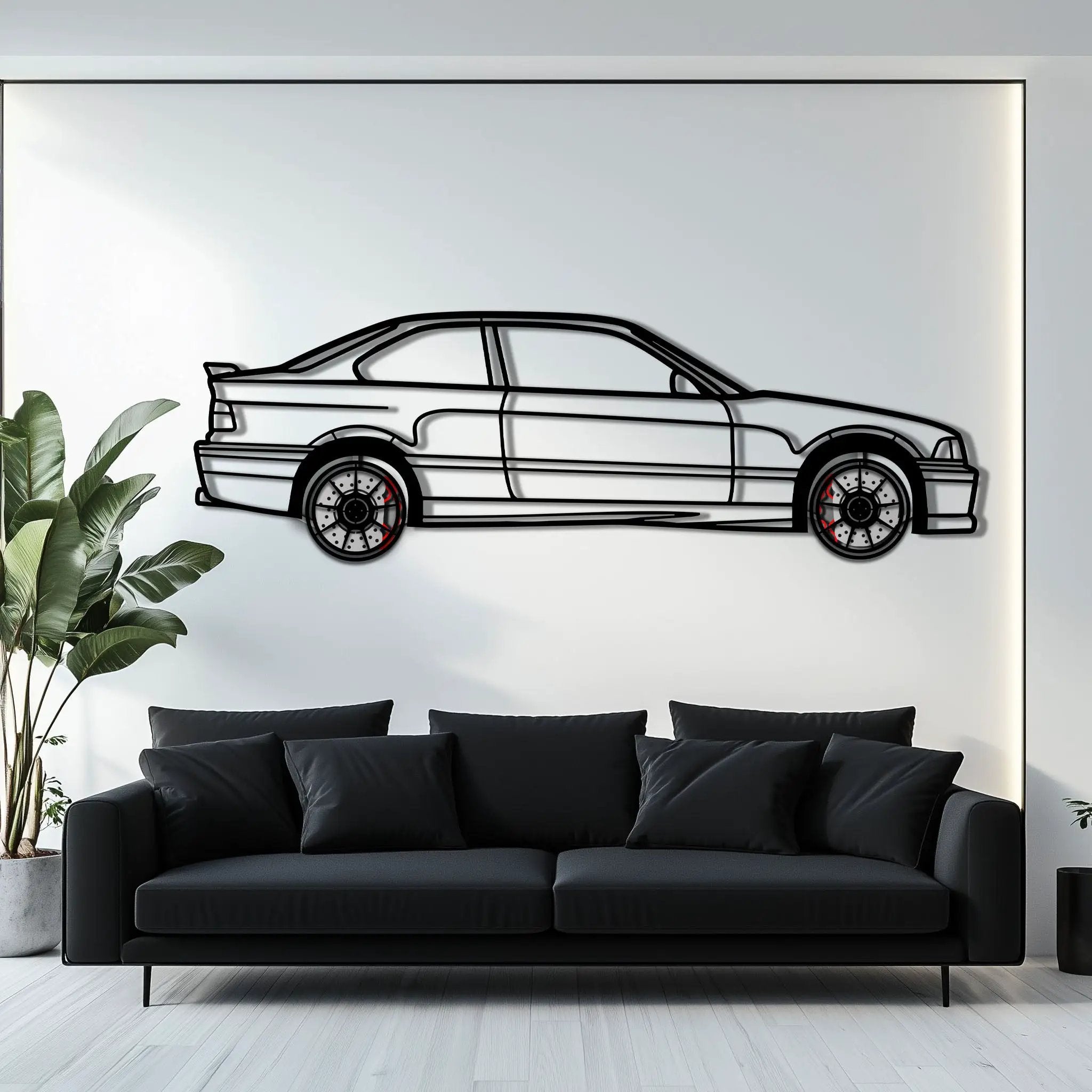 BMW E36 M3 Metal Car Wall Art with Rotating Wheels - 90s Performance Legend Silhouette - Interactive Automotive Wall Decor - KAFMEKA101 by Enova Art