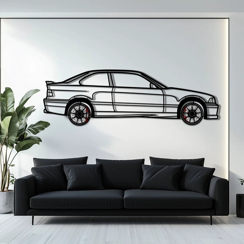 BMW E36 M3 Metal Car Wall Art with Rotating Wheels - 90s Performance Legend Silhouette - Interactive Automotive Wall Decor - KAFMEKA101 by Enova Art