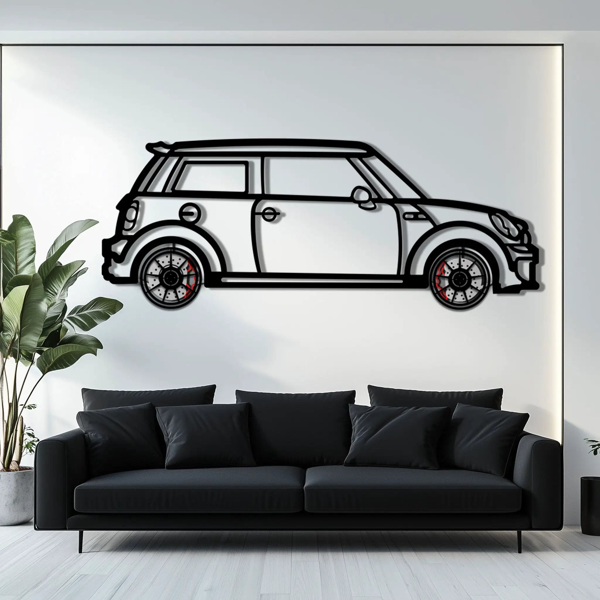 Mini Cooper Metal Car Wall Art with Rotating Wheels - Iconic British Compact Silhouette - Interactive Automotive Wall Decor - KAFMEKA151 by Enova Art