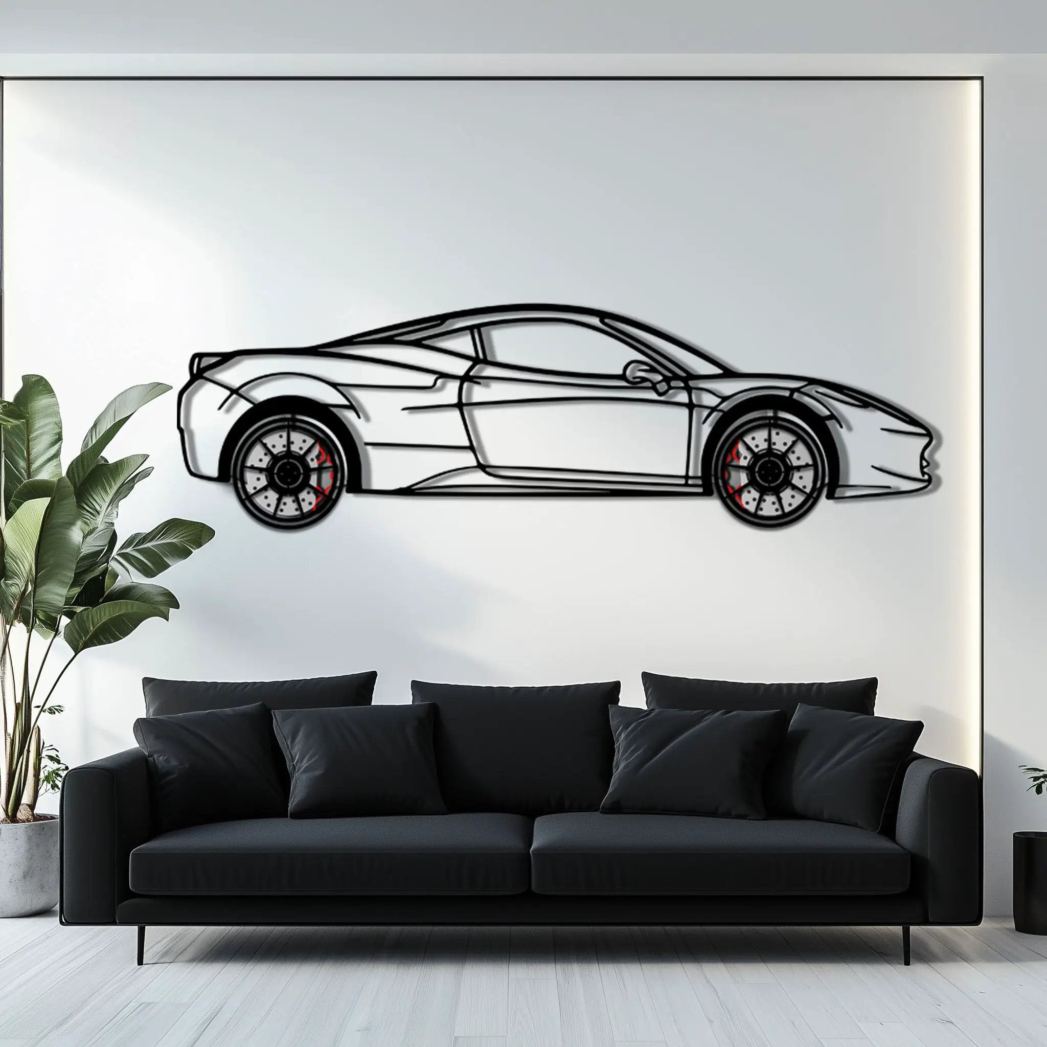 Ferrari 458 Italia Metal Car Wall Art with Rotating Wheels - V8 Supercar Silhouette Decor - Interactive Automotive Wall Art - KAFMEKA124 by Enova Art