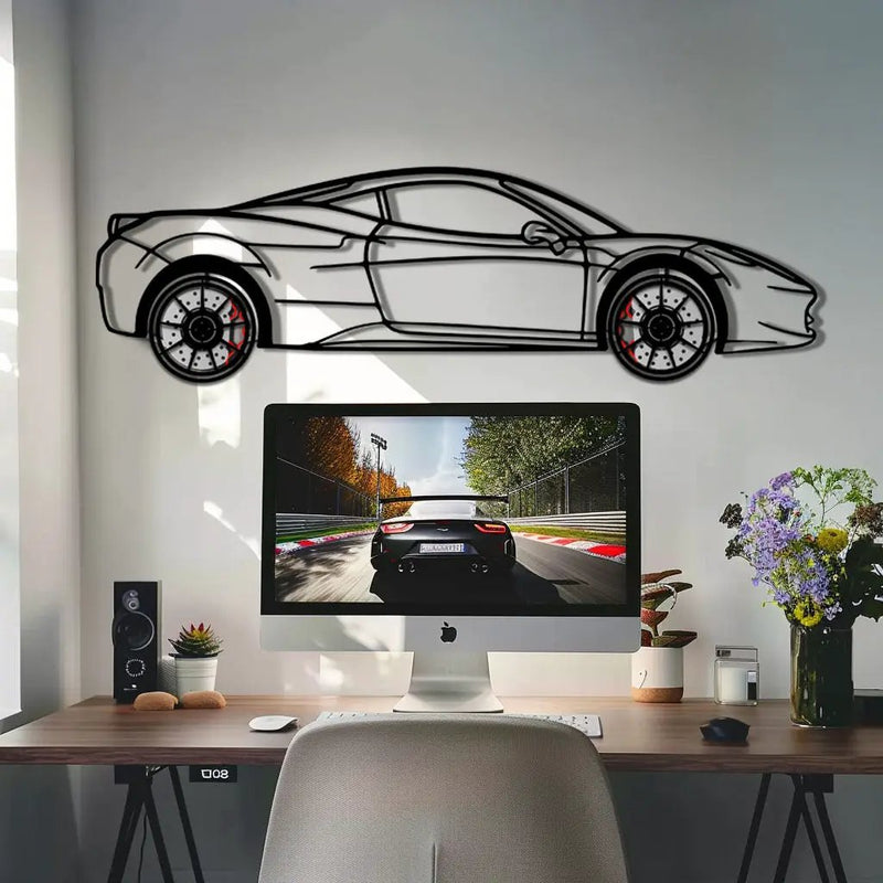 Ferrari 458 Italia Metal Car Wall Art with Rotating Wheels - V8 Supercar Silhouette Decor - Interactive Automotive Wall Art - KAFMEKA124 by Enova Art