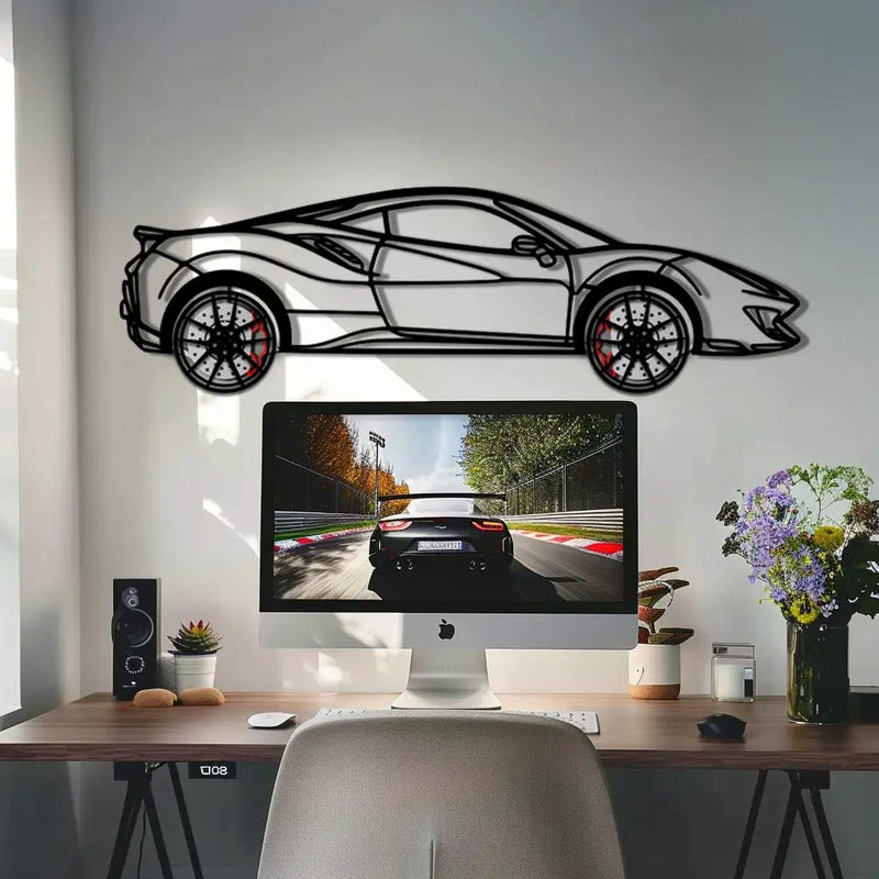 Ferrari 488 Pista Metal Car Wall Art with Rotating Wheels - Track-Focused Italian V8 Silhouette - Interactive Automotive Wall Decor - KAFMEKA128 by Enova Art