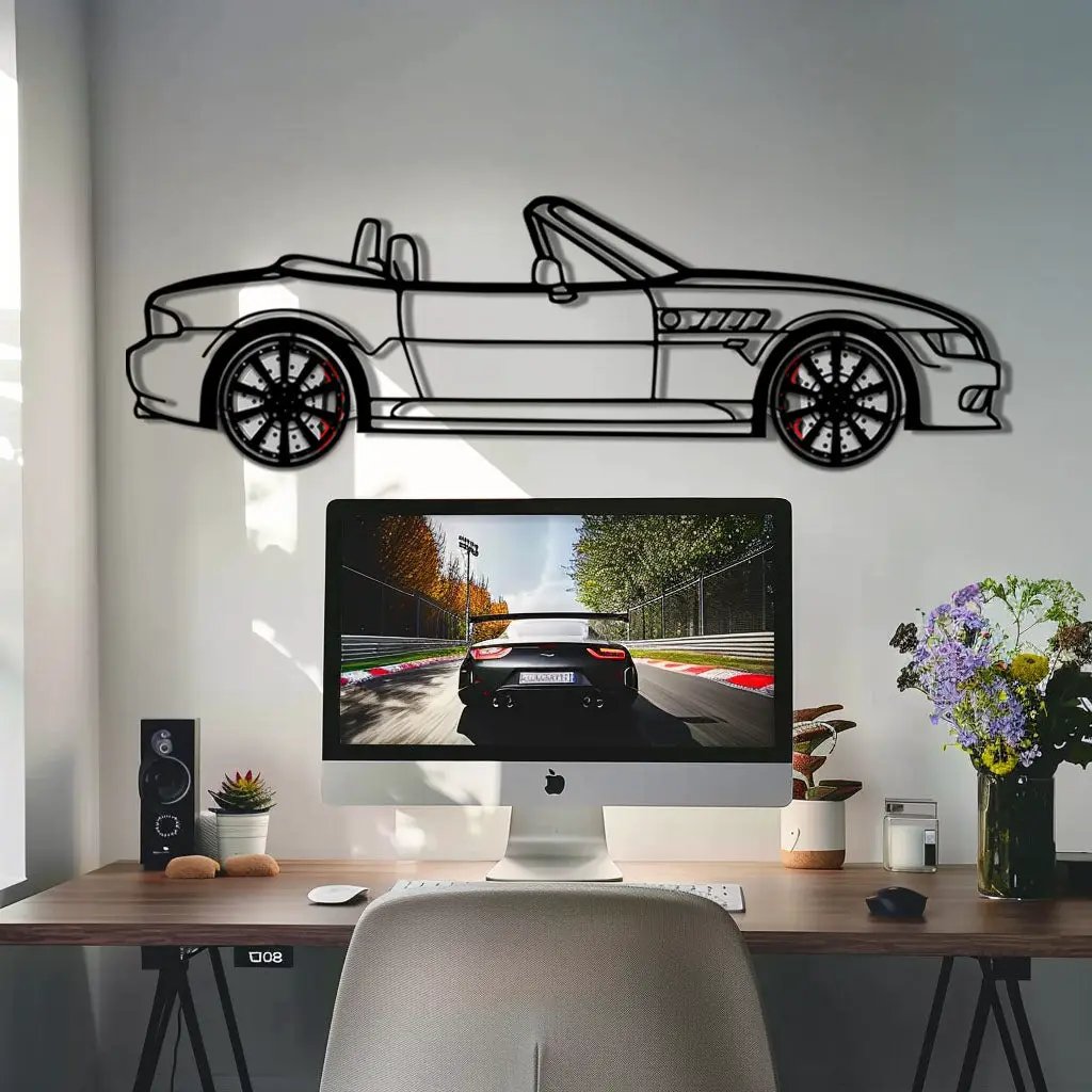 BMW Z3 Metal Car Wall Art with Rotating Wheels - Classic Roadster Silhouette Decor - Interactive Automotive Wall Art - KAFMEKA112 by Enova Art
