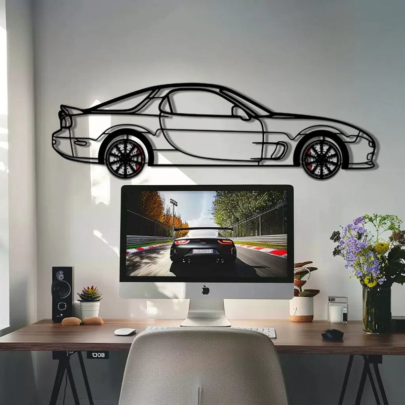 Mazda RX-7 Metal Car Wall Art with Rotating Wheels - FD3S Rotary Legend Silhouette - Interactive Automotive Wall Decor - KAFMEKA147 by Enova Art