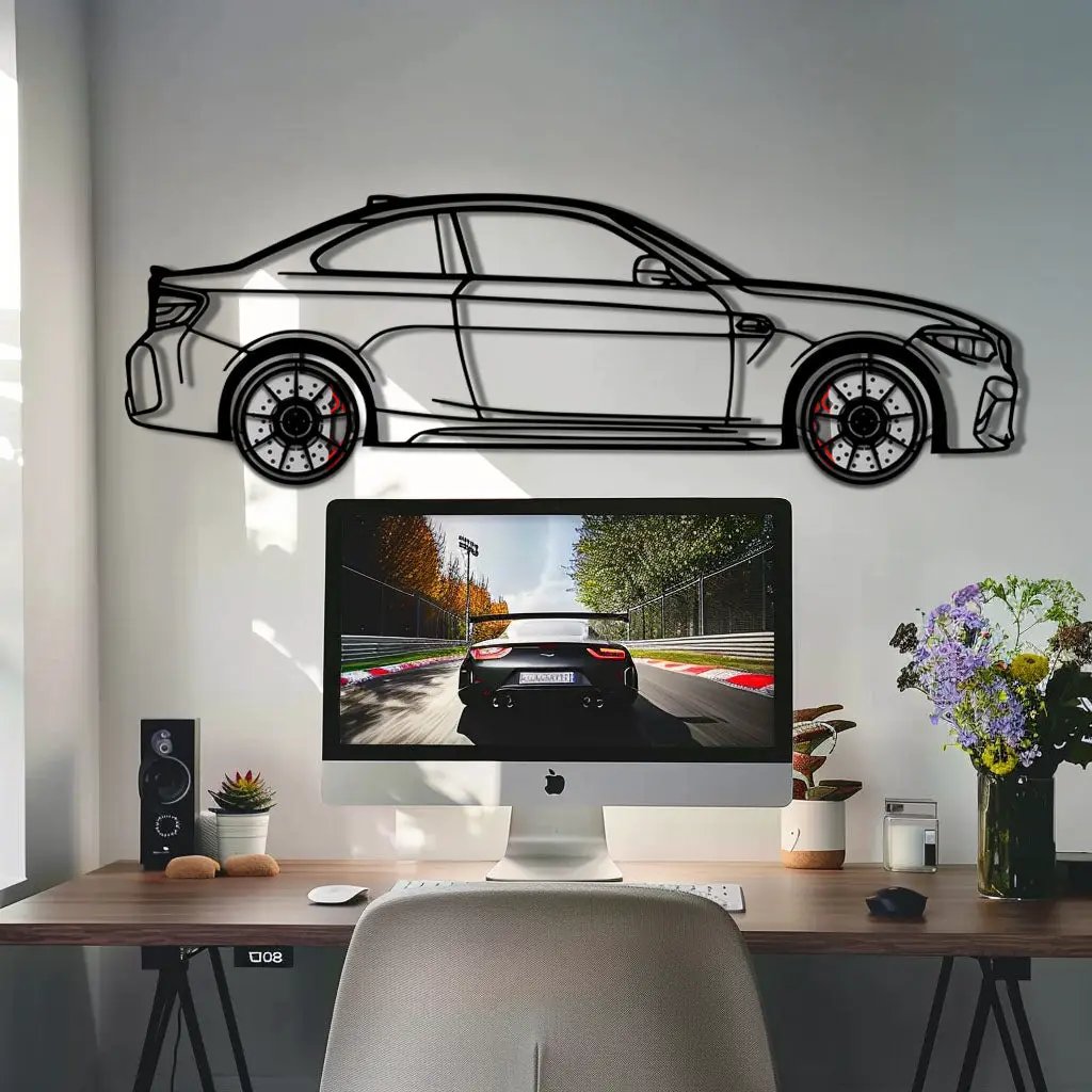BMW M2 F87 Metal Car Wall Art with Rotating Wheels - M Power Compact Performance Silhouette - Interactive Automotive Decor - KAFMEKA107 by Enova Art
