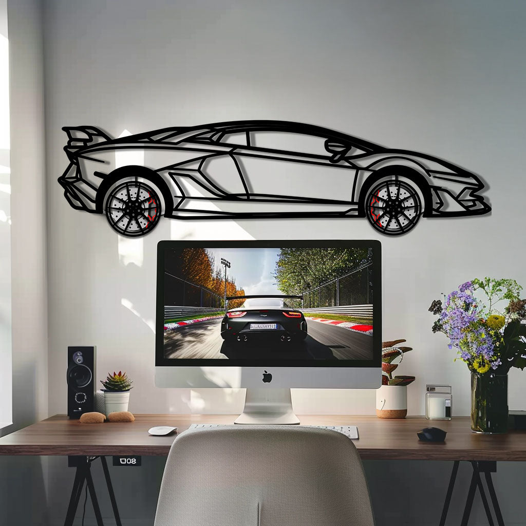 Lamborghini Aventador Metal Car Wall Art with Rotating Wheels - Italian V12 Hypercar Silhouette - Interactive Automotive Wall Decor - KAFMEKA145 by Enova Art