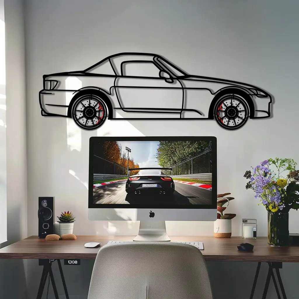 Honda S2000 Metal Car Wall Art with Rotating Wheels - JDM Roadster Silhouette - Interactive Automotive Wall Decor - KAFMEKA143 by Enova Art