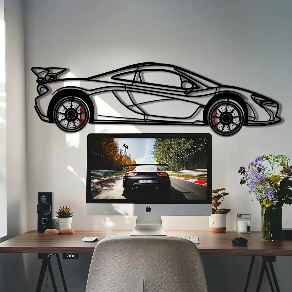 McLaren P1 Metal Car Wall Art with Rotating Wheels - Ultimate Hybrid Hypercar Silhouette - Interactive Automotive Wall Decor - KAFMEKA150 by Enova Art