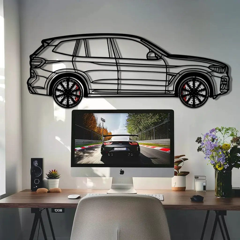 BMW X3 Metal Car Wall Art with Rotating Wheels - Modern SAV Silhouette Decor - Interactive Automotive Wall Art - KAFMEKA110 by Enova Art
