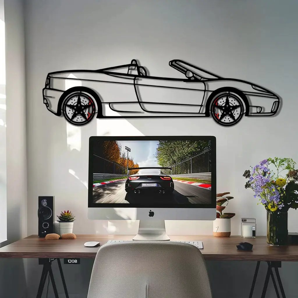 Ferrari 360 Spider Metal Car Wall Art with Rotating Wheels - Italian Convertible Supercar Silhouette - Interactive Automotive Wall Decor - KAFMEKA123 by Enova Art