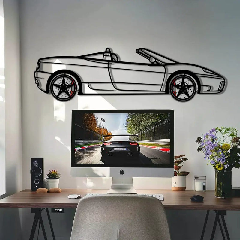 Ferrari 360 Spider Metal Car Wall Art with Rotating Wheels - Italian Convertible Supercar Silhouette - Interactive Automotive Wall Decor - KAFMEKA123 by Enova Art