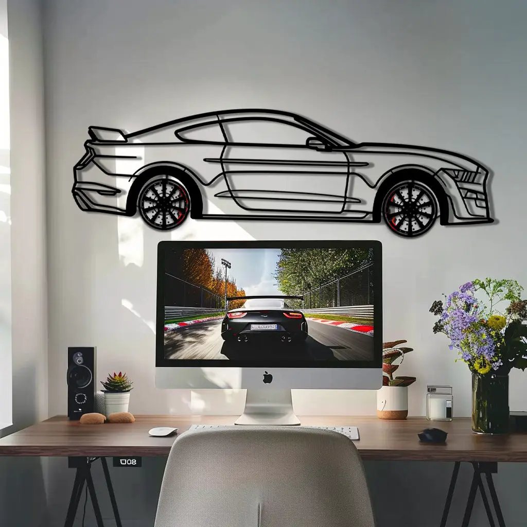 Ford Mustang Shelby GT500 Metal Car Wall Art with Rotating Wheels - Modern Muscle Silhouette Decor - Interactive Automotive Wall Art - KAFMEKA140 by Enova Art