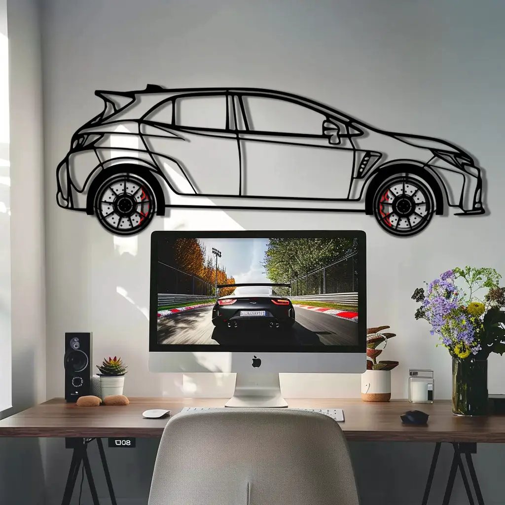 Toyota GR Corolla Metal Car Wall Art with Rotating Wheels - Rally-Inspired Hot Hatch Silhouette - Interactive JDM Automotive Decor - KAFMEKA158 by Enova Art