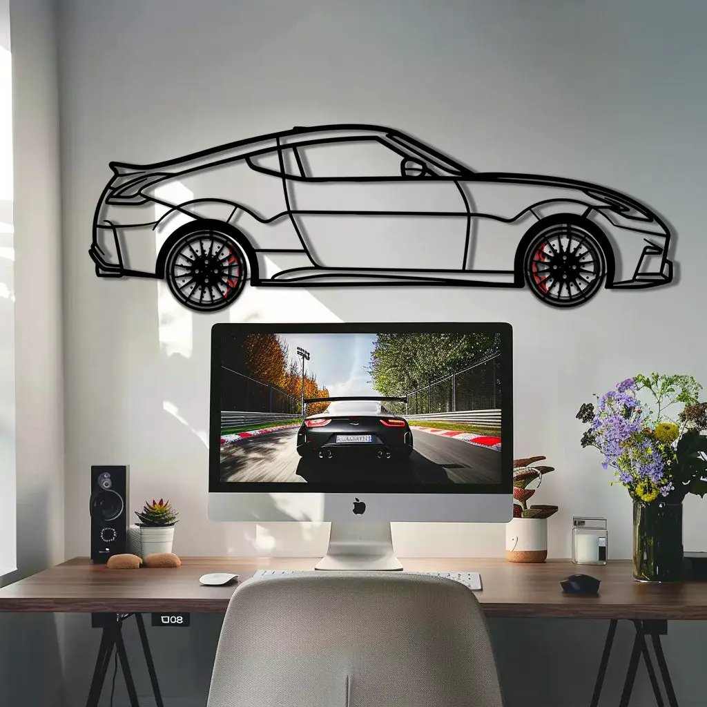 Nissan 350Z Metal Car Wall Art with Rotating Wheels - JDM Fairlady Z33 Silhouette - Interactive Automotive Wall Decor - KAFMEKA153 by Enova Art