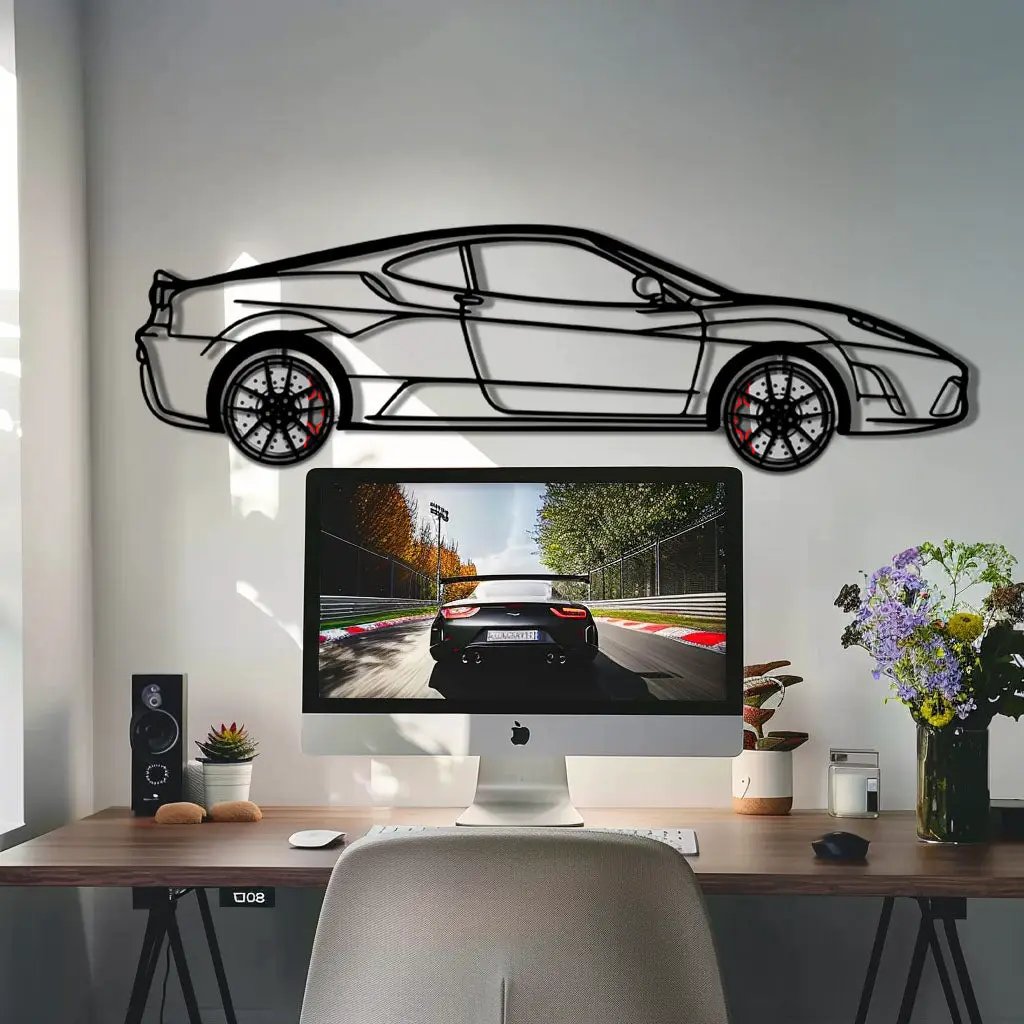 Ferrari F430 Scuderia Metal Car Wall Art with Rotating Wheels - Track-Focused V8 Silhouette - Interactive Automotive Wall Art - KAFMEKA133 by Enova Art