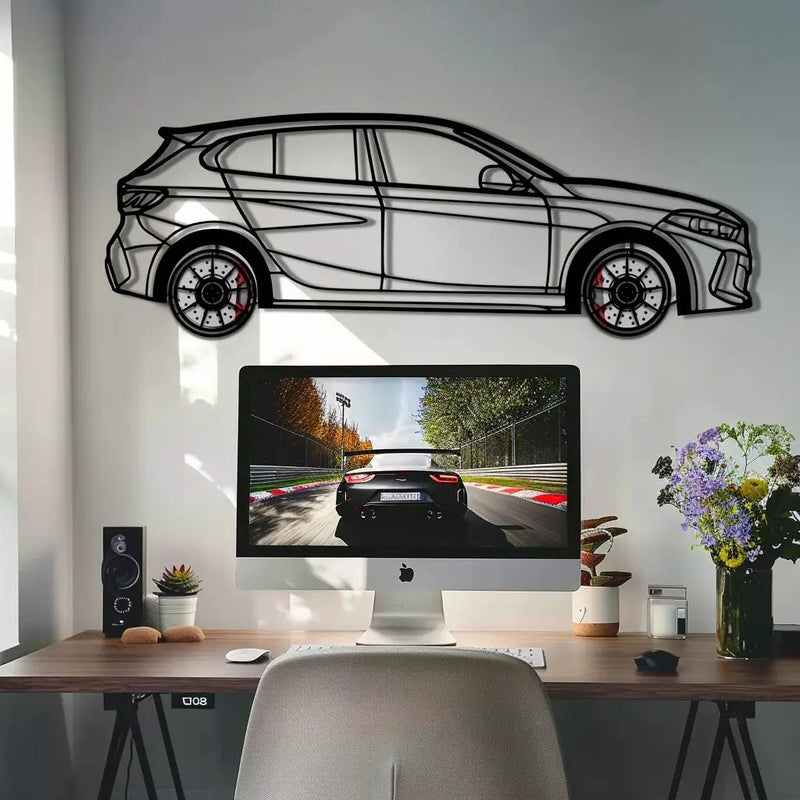 BMW 135i F40 Metal Car Wall Art with Rotating Wheels - M Performance Hatchback Silhouette - Interactive Automotive Decor - KAFMEKA102 by Enova Art