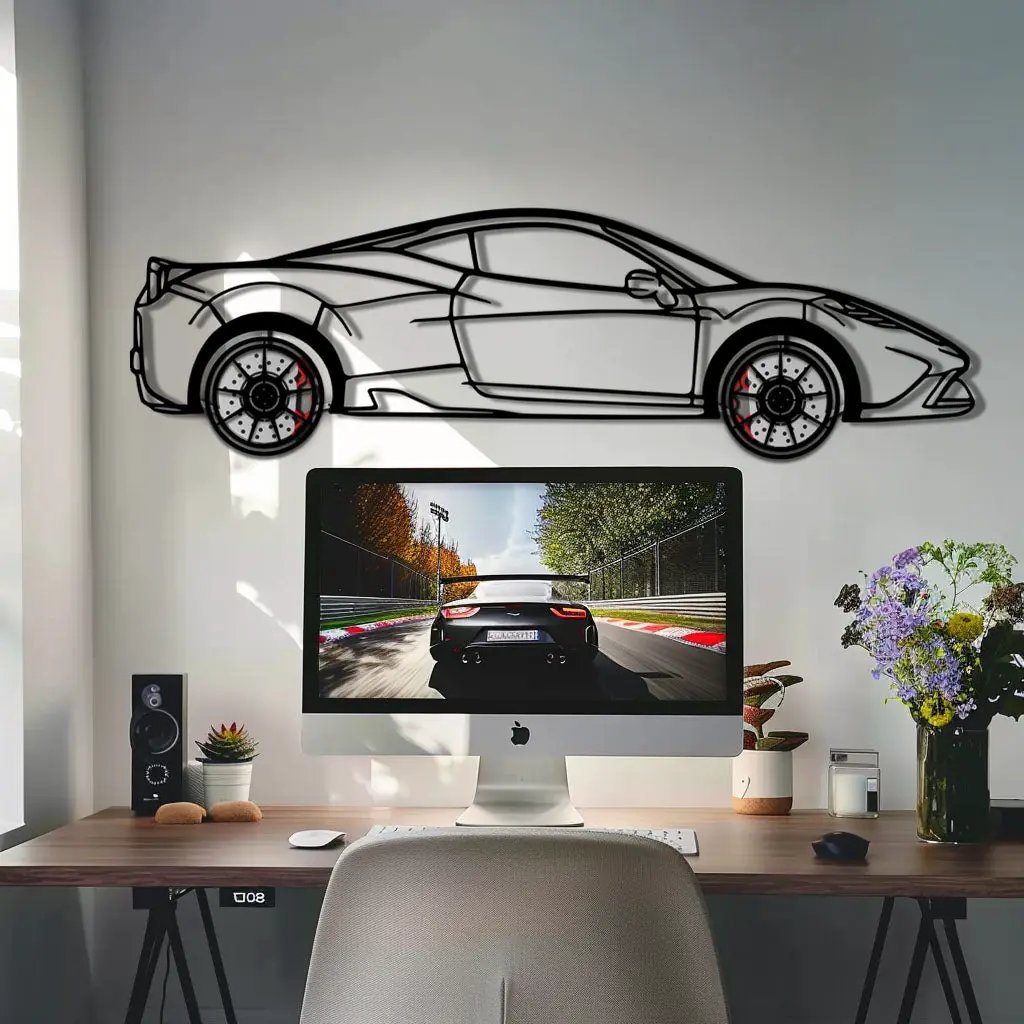 Ferrari 458 Speciale Metal Car Wall Art with Rotating Wheels - Track-Focused V8 Silhouette - Interactive Automotive Wall Decor - KAFMEKA125 by Enova Art