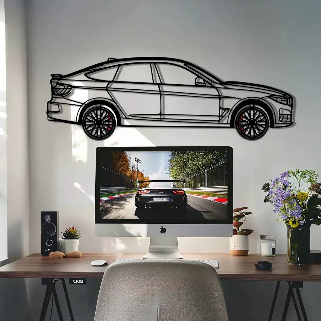 BMW 330 GT F34 Metal Car Wall Art with Rotating Wheels - Gran Turismo Silhouette Decor - Interactive Automotive Wall Art - KAFMEKA103 by Enova Art