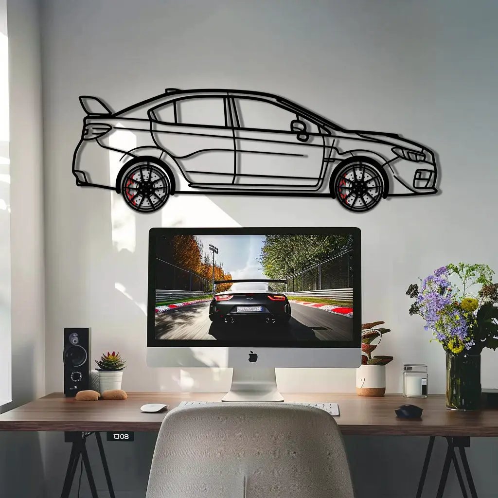 Subaru WRX Metal Car Wall Art with Rotating Wheels - Rally Legend Silhouette - Interactive Automotive Wall Decor - KAFMEKA155 by Enova Art