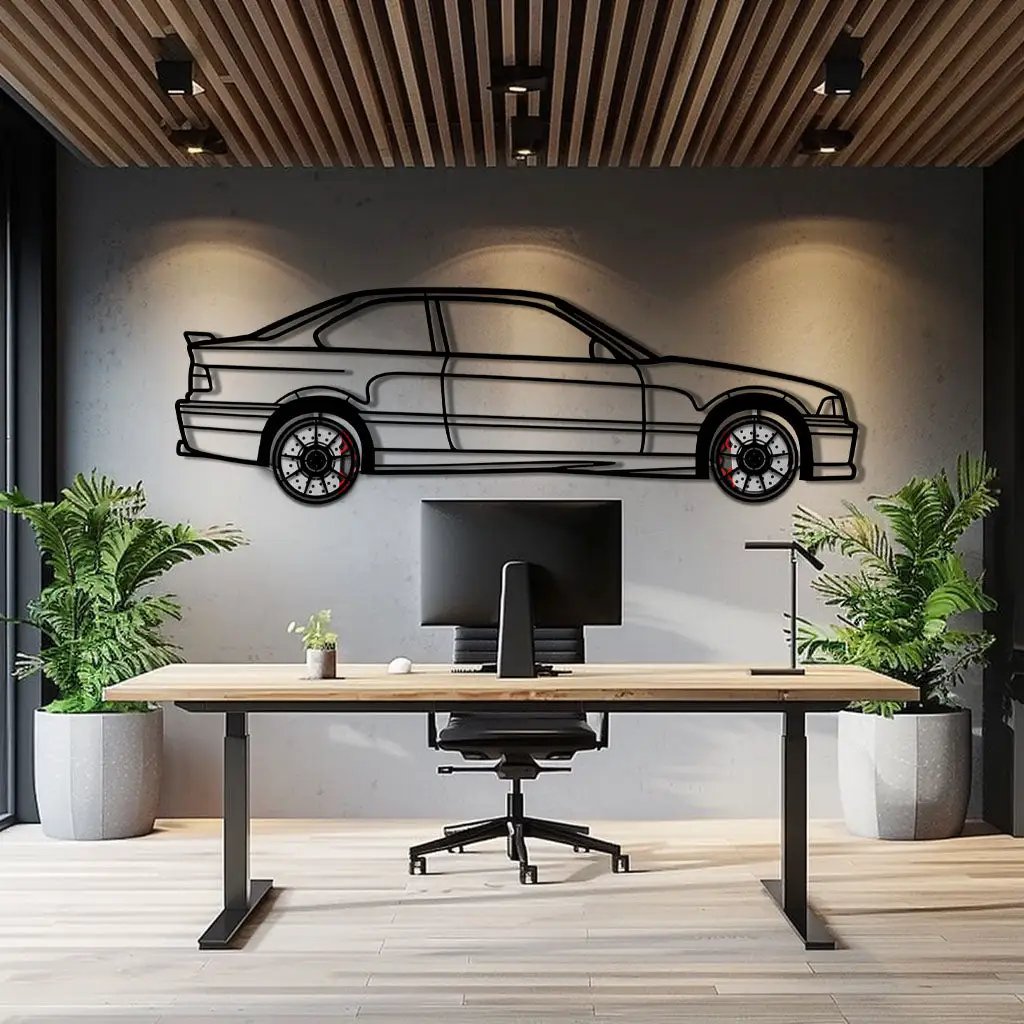 BMW E36 M3 Metal Car Wall Art with Rotating Wheels - 90s Performance Legend Silhouette - Interactive Automotive Wall Decor - KAFMEKA101 by Enova Art