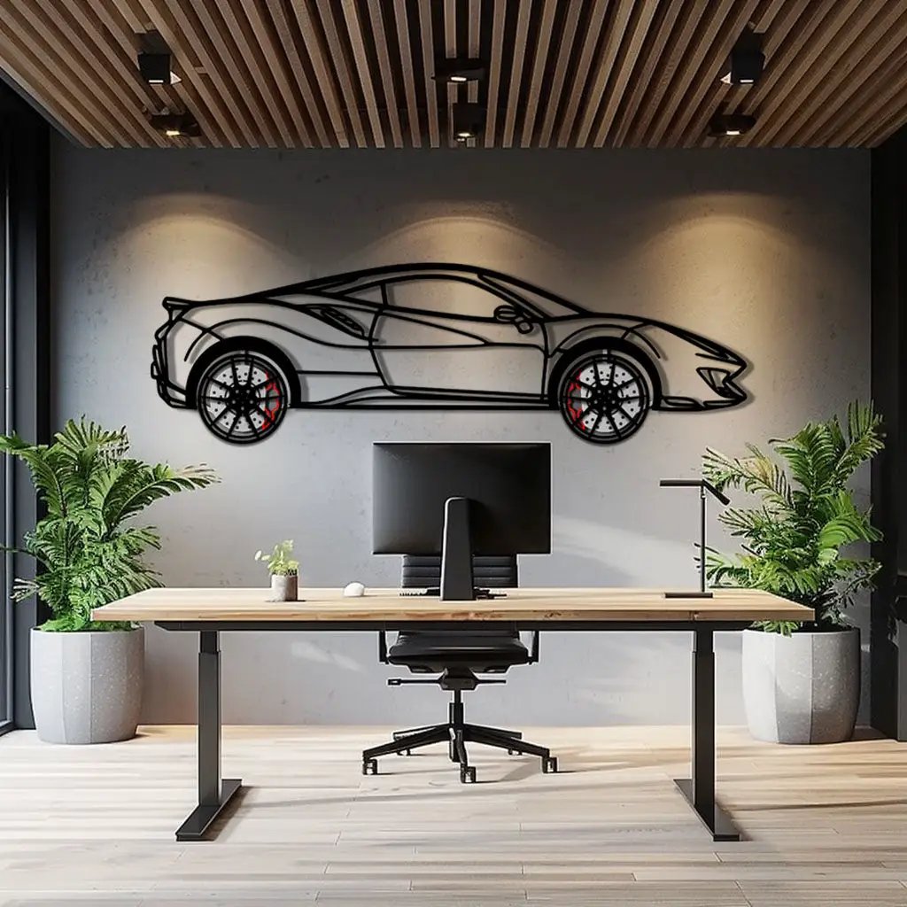 Ferrari 488 Pista Metal Car Wall Art with Rotating Wheels - Track-Focused Italian V8 Silhouette - Interactive Automotive Wall Decor - KAFMEKA128 by Enova Art