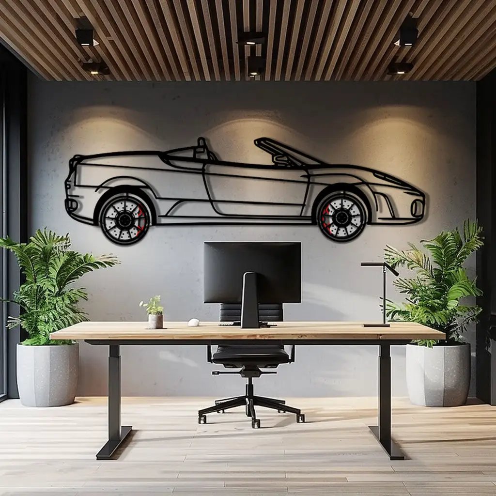 Ferrari F430 Spider Metal Car Wall Art with Rotating Wheels - Italian Convertible Supercar Silhouette - Interactive Automotive Wall Decor - KAFMEKA134 by Enova Art