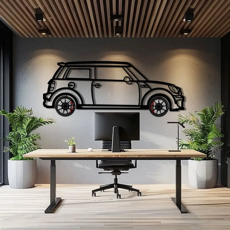Mini Cooper Metal Car Wall Art with Rotating Wheels - Iconic British Compact Silhouette - Interactive Automotive Wall Decor - KAFMEKA151 by Enova Art