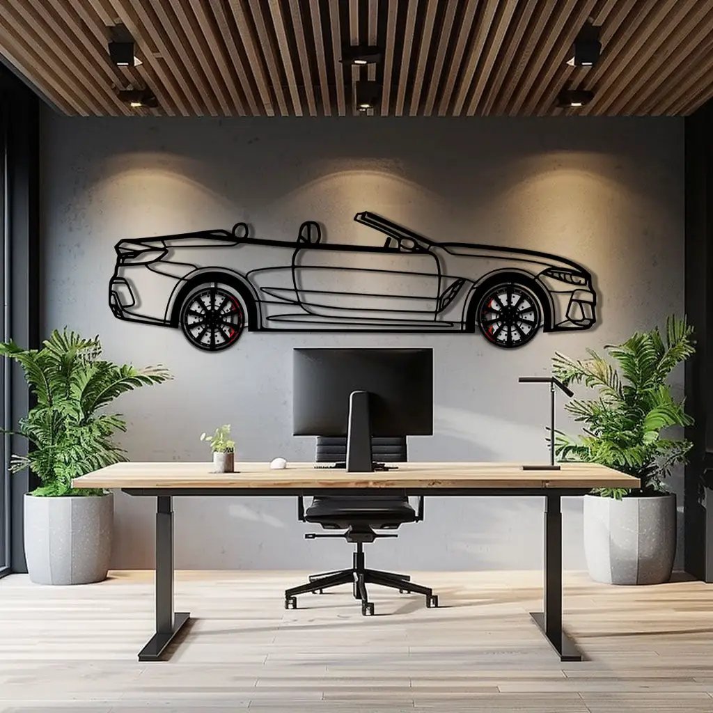 BMW 850i Metal Car Wall Art with Rotating Wheels - Luxury Grand Tourer Silhouette - Interactive Automotive Wall Decor - KAFMEKA105 by Enova Art