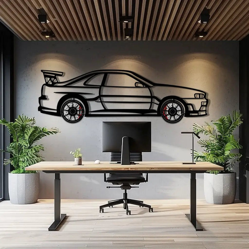 Nissan Skyline GT-R R34 Metal Car Wall Art with Rotating Wheels - "Godzilla" JDM Legend Silhouette - Interactive Automotive Wall Decor - KAFMEKA152 by Enova Art