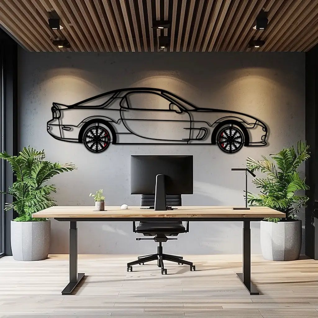 Mazda RX-7 Metal Car Wall Art with Rotating Wheels - FD3S Rotary Legend Silhouette - Interactive Automotive Wall Decor - KAFMEKA147 by Enova Art