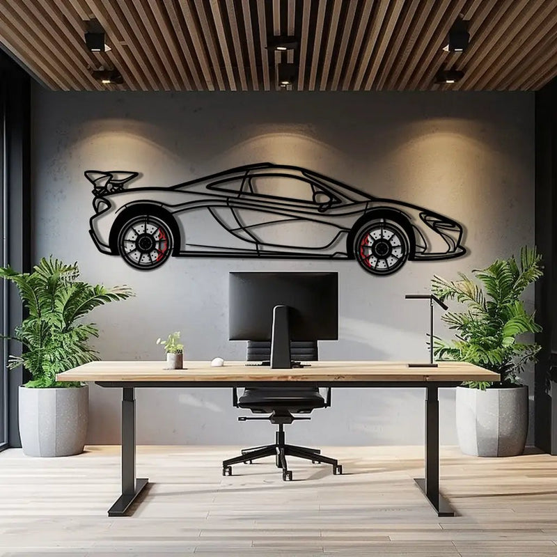 McLaren P1 Metal Car Wall Art with Rotating Wheels - Ultimate Hybrid Hypercar Silhouette - Interactive Automotive Wall Decor - KAFMEKA150 by Enova Art