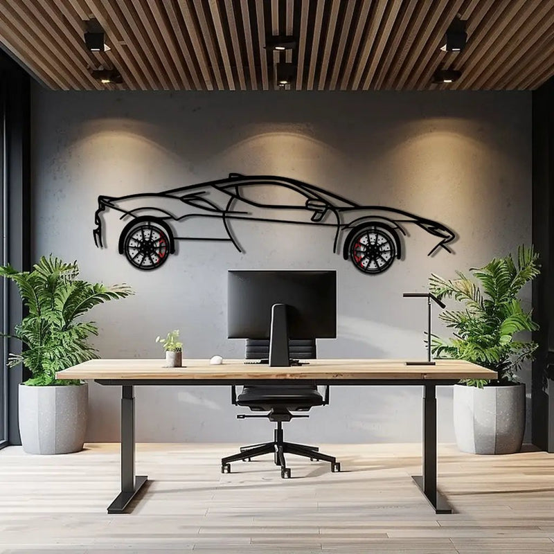 Ferrari SF90 Stradale Metal Car Wall Art with Rotating Wheels - Hybrid Hypercar Silhouette - Interactive Automotive Wall Decor - KAFMEKA135 by Enova Art