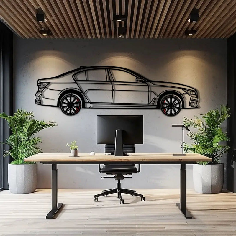 BMW 750i Metal Car Wall Art with Rotating Wheels - Luxury Executive Sedan Silhouette - Interactive Automotive Wall Decor - KAFMEKA104 by Enova Art