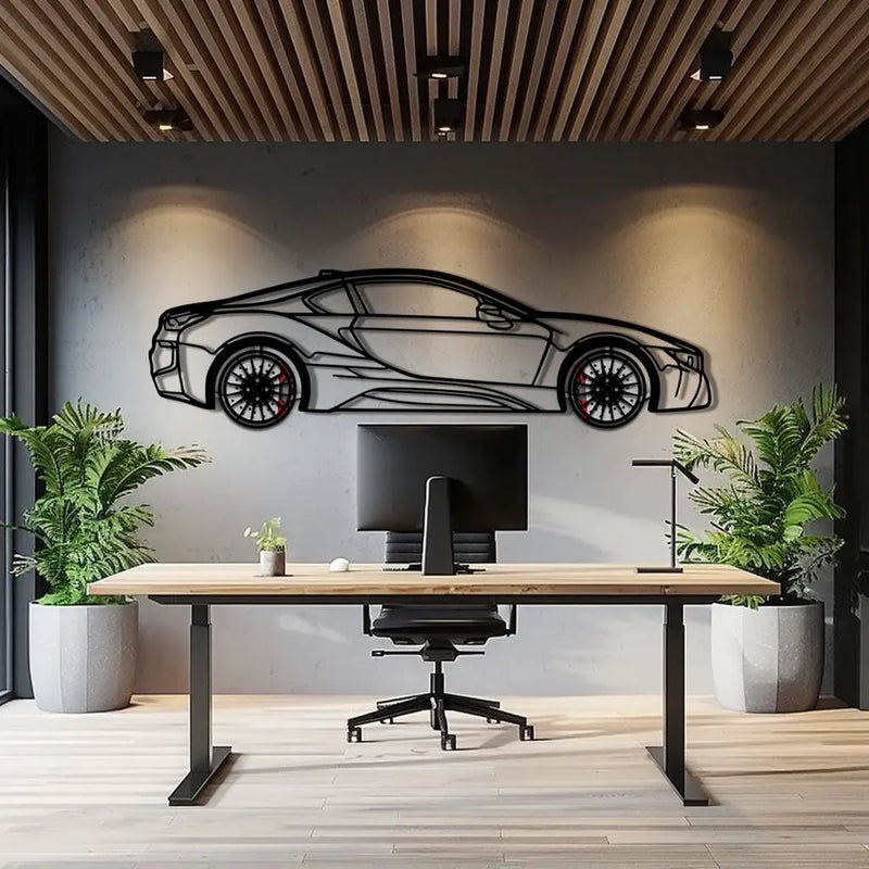BMW i8 Metal Car Wall Art with Rotating Wheels - Futuristic Hybrid Supercar Silhouette - Interactive Automotive Decor - KAFMEKA106 by Enova Art