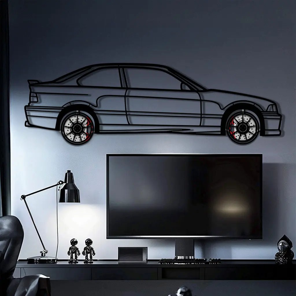 BMW E36 M3 Metal Car Wall Art with Rotating Wheels - 90s Performance Legend Silhouette - Interactive Automotive Wall Decor - KAFMEKA101 by Enova Art