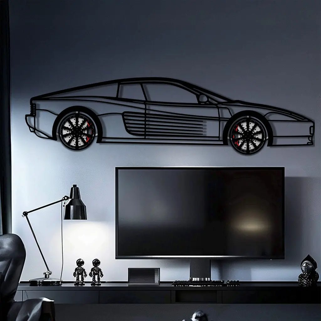 Ferrari Testarossa Metal Car Wall Art with Rotating Wheels - Iconic 80s Supercar Silhouette - Interactive Retro Automotive Decor - KAFMEKA136 by Enova Art