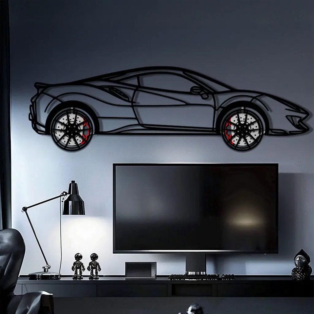 Ferrari 488 Pista Metal Car Wall Art with Rotating Wheels - Track-Focused Italian V8 Silhouette - Interactive Automotive Wall Decor - KAFMEKA128 by Enova Art