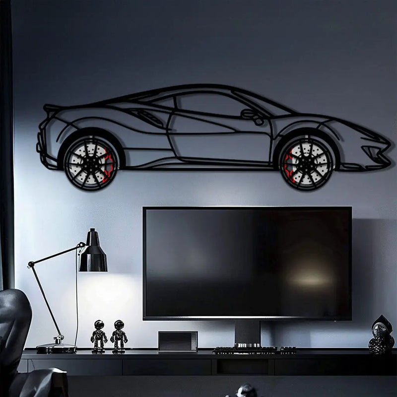 Ferrari 488 Pista Metal Car Wall Art with Rotating Wheels - Track-Focused Italian V8 Silhouette - Interactive Automotive Wall Decor - KAFMEKA128 by Enova Art