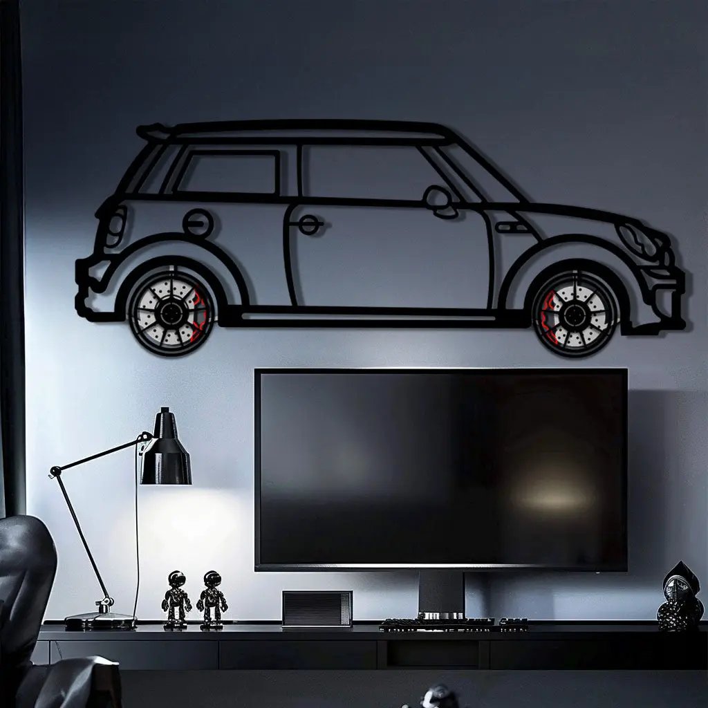 Mini Cooper Metal Car Wall Art with Rotating Wheels - Iconic British Compact Silhouette - Interactive Automotive Wall Decor - KAFMEKA151 by Enova Art