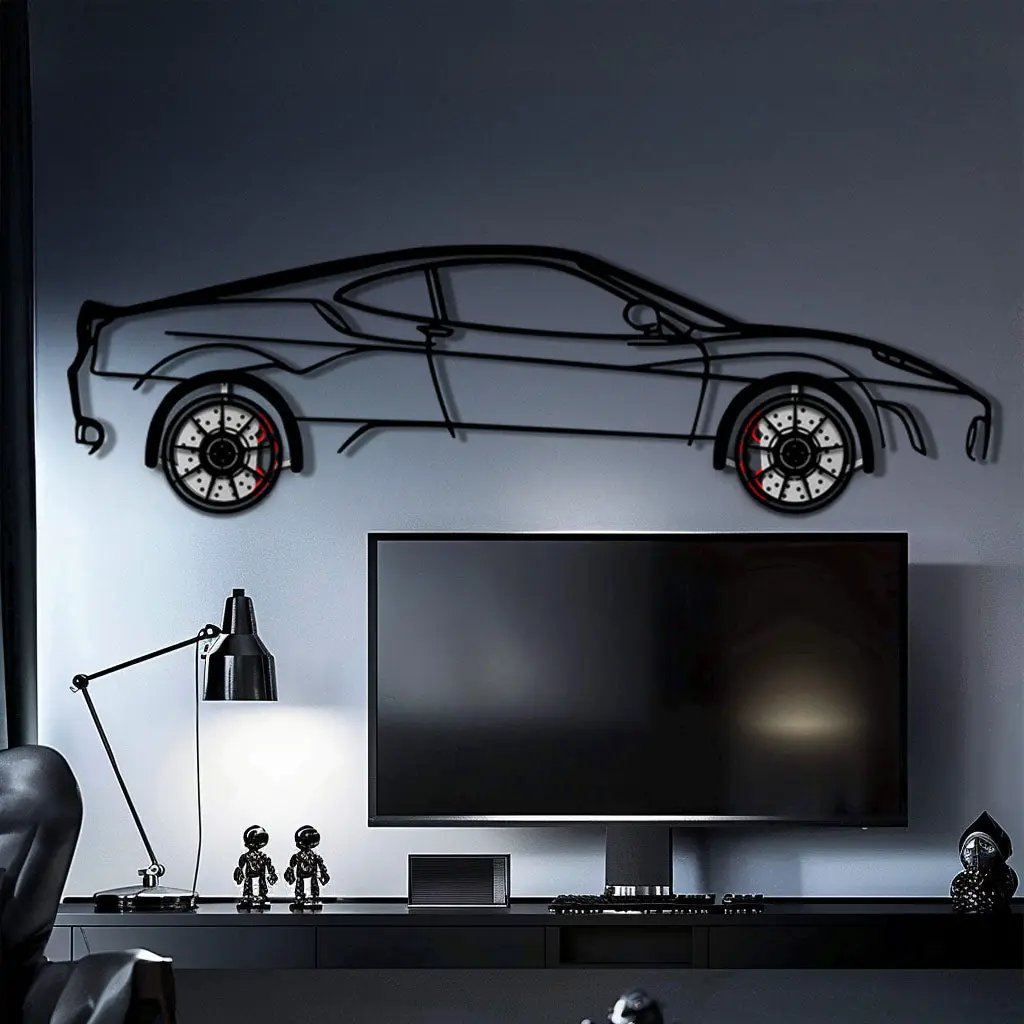 Ferrari F430 Metal Car Wall Art with Rotating Wheels - Italian V8 Supercar Silhouette - Interactive Automotive Wall Decor - KAFMEKA132 by Enova Art