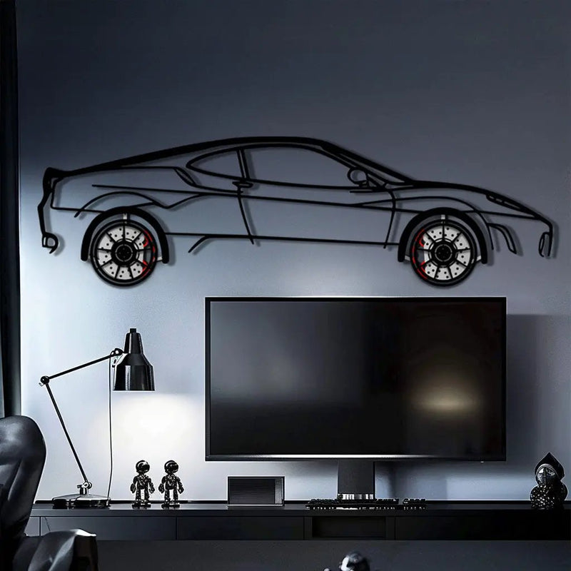 Ferrari F430 Metal Car Wall Art with Rotating Wheels - Italian V8 Supercar Silhouette - Interactive Automotive Wall Decor - KAFMEKA132 by Enova Art