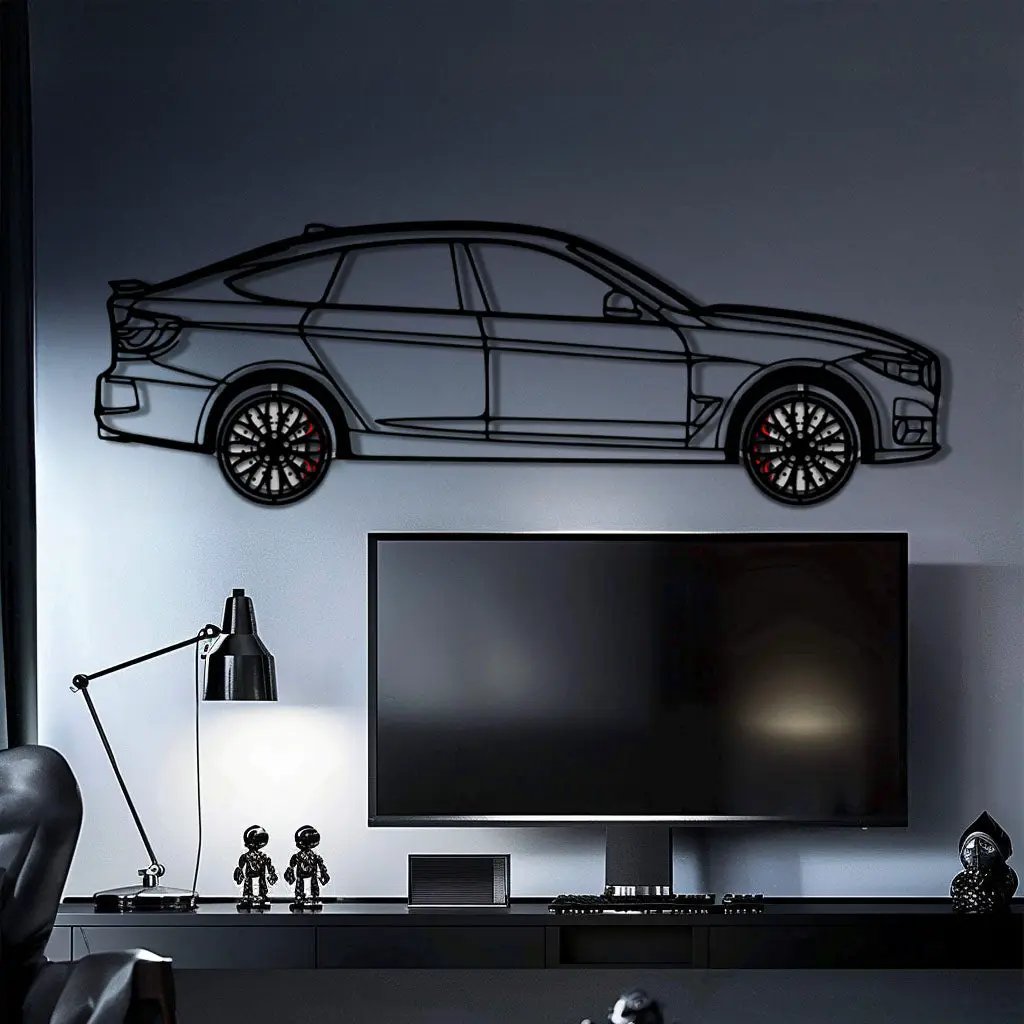 BMW 330 GT F34 Metal Car Wall Art with Rotating Wheels - Gran Turismo Silhouette Decor - Interactive Automotive Wall Art - KAFMEKA103 by Enova Art