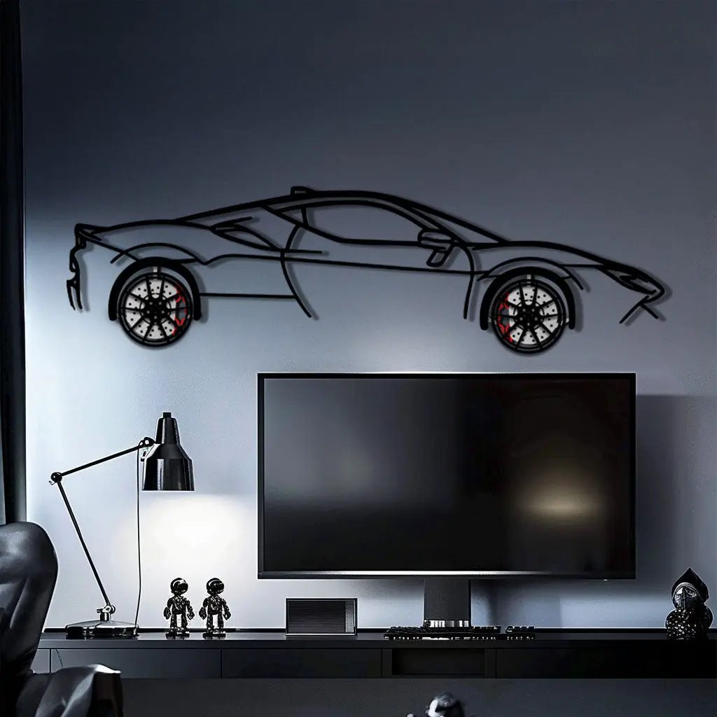 Ferrari SF90 Stradale Metal Car Wall Art with Rotating Wheels - Hybrid Hypercar Silhouette - Interactive Automotive Wall Decor - KAFMEKA135 by Enova Art