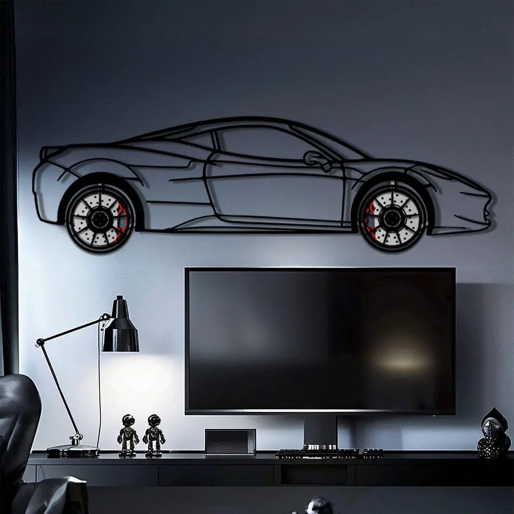 Ferrari 458 Italia Metal Car Wall Art with Rotating Wheels - V8 Supercar Silhouette Decor - Interactive Automotive Wall Art - KAFMEKA124 by Enova Art